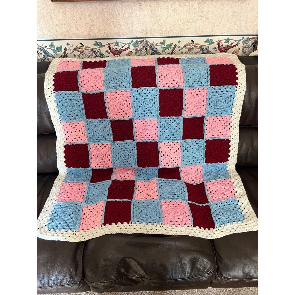 Crochet Granny Square Blanket Throw Afghan Pink Blue Burgundy Handmade 46